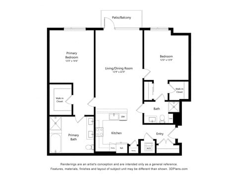 Floor plan for 2 beds, 2 baths, 1336 sqft